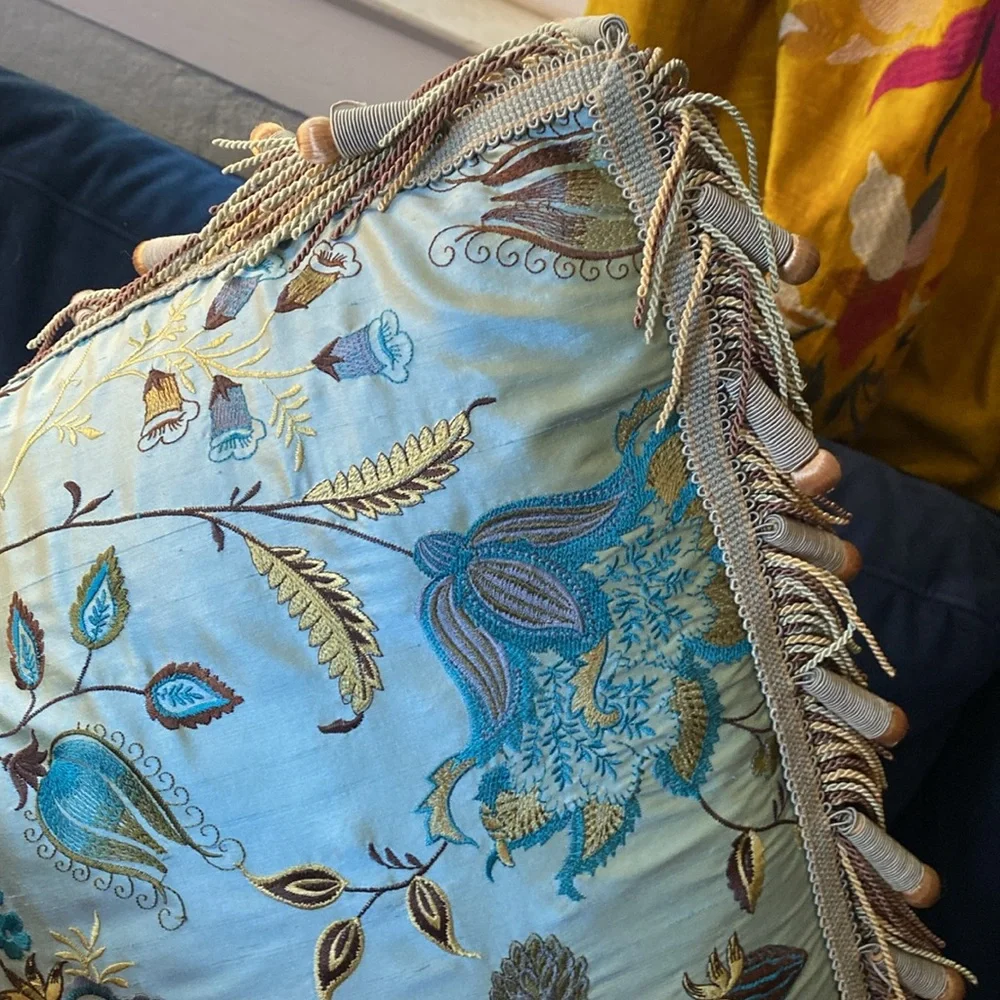 NWT Z Gallerie Silk Velvet Embroidered Throw Pillow 24x24 Blue Floral Fringe